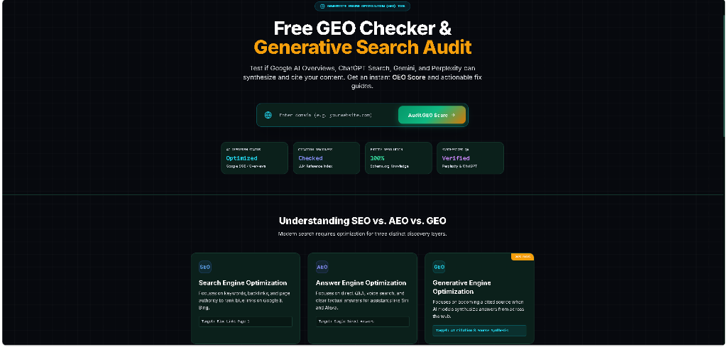 Generative Engine Optimization (GEO) audit page comparing SEO vs AEO vs GEO search discovery layers
