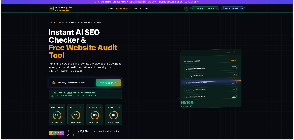 Live AI SEO audit scanner interface performing real-time HTTP checks and readiness calculations