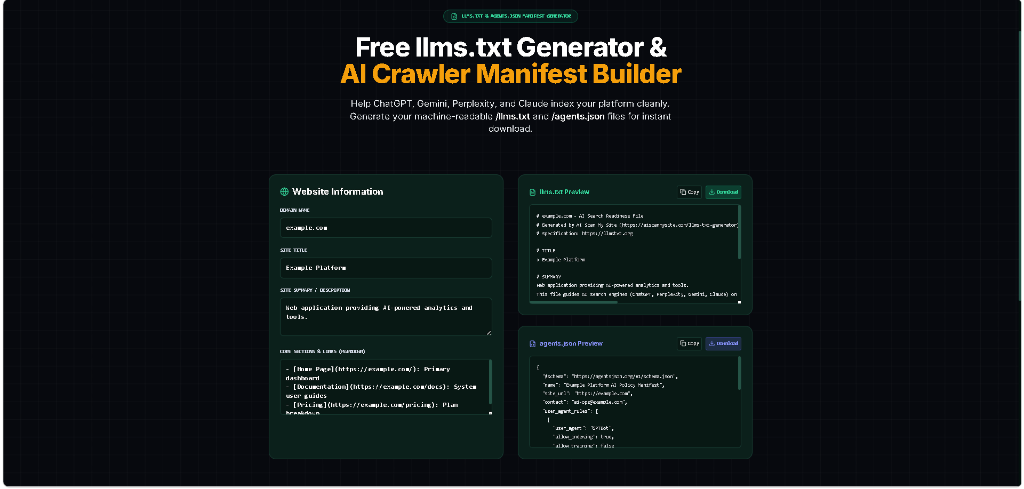Free llms.txt and agents.json generator interface creating machine-readable AI context manifests