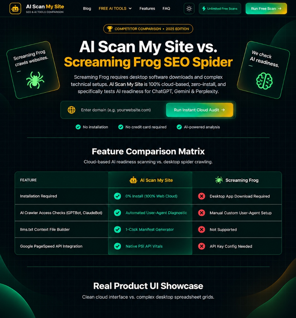 AI Scan My Site vs Screaming Frog SEO Spider 8K feature comparison card